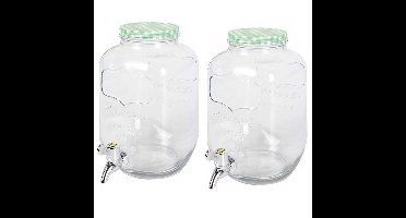 2x stuks glazen drankdispensers/limonadetap met groen/wit geblokte dop 4 liter