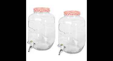 2x stuks glazen drankdispensers/limonadetap met rood/wit geblokte dop 4 liter