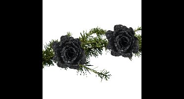 2x stuks kerstboom decoratie bloemen roos zwart glitter op clip 10 cm