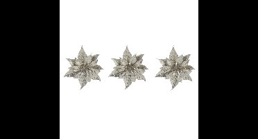 3x stuks decoratie bloemen kerstster champagne glitter op clip 18 cm
