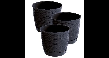 3x stuks ronde gevlochten plantenpotten/bloempotten kunststof dia 25 cm en hoogte 22 cm antraciet gr