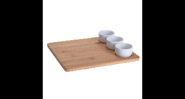 4-delige sushi serveer set - met bamboe houten serveerplank - en 3 porseleinen kommetjes - 28 x 24cm