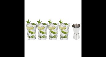 4x Cocktailglazen / Mojito glazen transparant 410 ml met RVS maatbeker / barmaatje