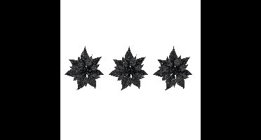 4x stuks decoratie bloemen kerstster zwart glitter op clip 18 cm