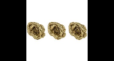 4x stuks decoratie bloemen roos goud glitter op clip 18 cm
