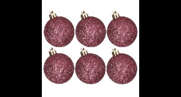 6x stuks kunststof glitter kerstballen aubergine roze 8 cm