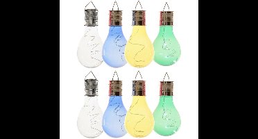 8x Buiten LED wit/blauw/groen/geel peertjes solar lampen 14 cm