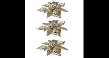 8x stuks decoratie bloemen kerstster champagne glitter op clip 9 cm