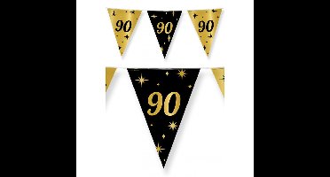 90 jaar Leeftijd verjaardag feest vlaggetjes - 2x stuks - zwart/goud - 10 meter - kunststof