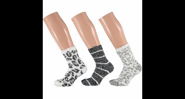 Apollo Dames fluffy bedsokken/huissokken - 3-pak animal/stripe - maat 36-41