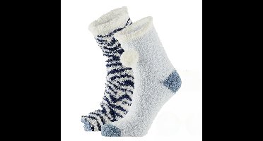 Apollo Dames sokken - 2 pack - blauw/wit - maat 36/41 - pluche - warm