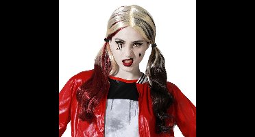 Atosa Halloween verkleedpruik lang haar met staartjes - zwart/blond/rood - dames