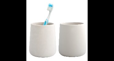 Badkamer beker / tandenborstelhouder Earth Serie - 2x - Keramiek - ivoor wit - 8 x 10 cm