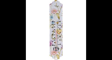 Binnen/buiten thermometer met lentebloemen print - Set van 2x stuks - wit - metaal - 29 x 6.5 cm