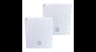 Bloempot/plantenpot Rato - 2x - rotan look - met binnenpot - wit - 22 x 22 x 23 cm - kunststof