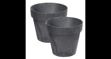 Bloempot/plantenpot - Set van 2x stuks - betonlook - antraciet - kunststof - Dia 14 cm