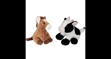 Boerderij dieren zachte pluche knuffels 2x stuks - Paard en Koe van 15 cm