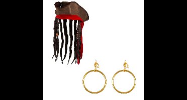 Boland Piraten set - hoed met vlechten - oorbellen met clip - goud - carnaval