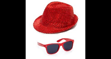 Carnaval verkleed set hoed en bril rood glitters