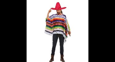 Carnaval verkleed set Mexicaan - gekleurde one size poncho - Sombrero hoed rood dia 59 cm