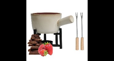 Chocoladefondue setje met houder - porselein - beige/zwart - incl. 2 vorken
