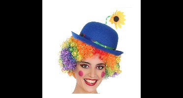 Clown verkleed set - gekleurde pruik - bolhoed in blauw - Carnaval clowns verkleedkleding