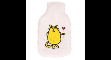 Cosy & Trendy Kruik - wit - oranje kat print - 2 liter - pluche hoes - warmwaterkruik