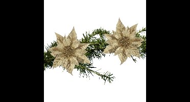 Decoratie bloem - 2x stuks - kerstster - op clip - goud - glitter -18 cm - kunststof - kerstversieri