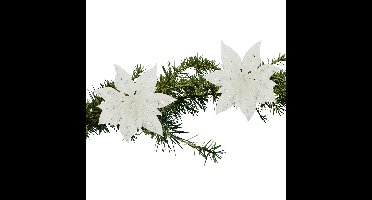 Decoratie bloem - 2x stuks - kerstster - op clip - wit - glitter -15 cm - kunststof - kerstversierin