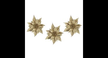 Decoratie bloem - 4x stuks - kerstster - op clip - goud - glitter -18 cm - kunststof - kerstversieri