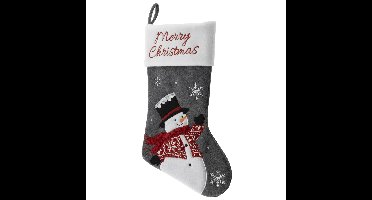 Decoratie kerstsok - grijs - met sneeuwpop - H45 cm - velvet - Merry Christmas