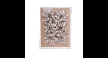 Decoratie rozen bloemen - 6x st - champagne - glitter - op clip - 8 cm - kerstversiering