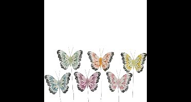 Decoris decoratie vlinders - op draad - gekleurd mix - 6x stuks - 8 cm - Lente - Zomer - versiering