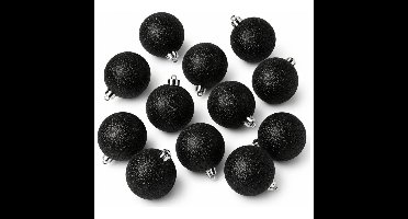 Decoris Kerstballen - 12x stuks - zwart - 8 cm - kunststof - glitter afwerking