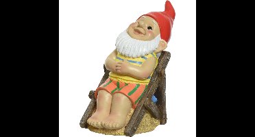 Decoris tuinkabouter - zonnend in strandstoel - kunststeen - H21 cm