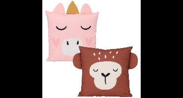 Dieren sierkussen set - 2x - kinderkamer - Aapje en eenhoorn - 40 x 40 cm - polyester