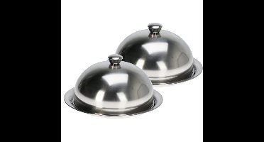 EH serveerschaal stolp met dienblad - 2x - zilver - rvs - D25 x H12 cm - met deksel