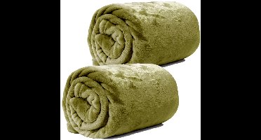Enzo Fleece dekens/plaids 2 stuks 130 x 180 cm - olijf groen