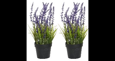 Everlands Lavendel - 2x stuks - kunstplant in pot - violet paars - D15 x H30 cm