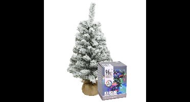 Everlands Mini kerstboom - 60 cm - met sneeuw - en kerstverlichting gekleurd