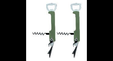 Excellent Houseware flesopener/kurkentrekker - 2x - kelnersmes - khaki groen - 12 cm