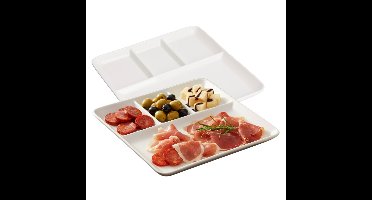 Excellent Houseware Hapjes / Tapas serveerschaal - 2x - poselein - wit - 25 cm - met vakken - vierka