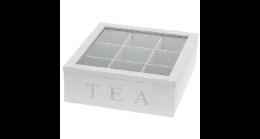 Excellent Houseware houten theedoos wit 9-vaks 23 x 23 x 8 cm