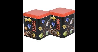 Excellent Houseware Koffie cupjes bewaarblik - 2x - zwart - cupjes en bonen print - 10 x 10 x 12 cm