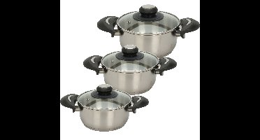 Excellent Houseware Kookpannen set - 3x - glazen deksel - RVS - 1.8/2.7/3.5 liter