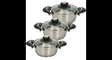 Excellent Houseware Kookpannen set - 3x - glazen deksel - RVS - 2.7/3.5/5.4 liter