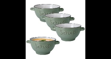 Excellent Houseware soepkom gres - 4x - groen - porselein - D14 cm - serveer/snackschaaltje