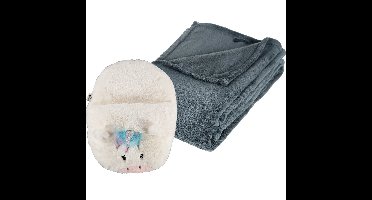 Fleece deken blauwgrijs 125 x 150 cm met voetenwarmer slof eenhoorn one size