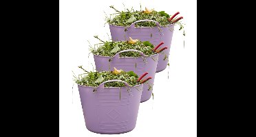 Flexibele kuip / emmer - 3x - lila paars - 15 liter - kunststof - 35 x 28 cm - met handvatten