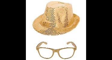 Folat party carnaval - gouden verkleed set - hoedje en metallic gouden feestbril - volwassenen